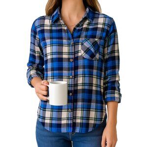 American Eagle Womens S Boyfriend Shirt Button Up 100% Cotton Blue Plaid Flannel